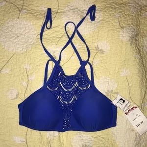 Blue high neck bikini and bottoms